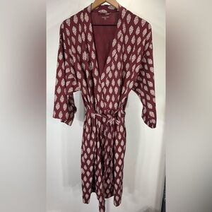 Garnet Hill Asian Wrap Organic-Cotton Kimono Robe Size Small Burgundy Maroon Red
